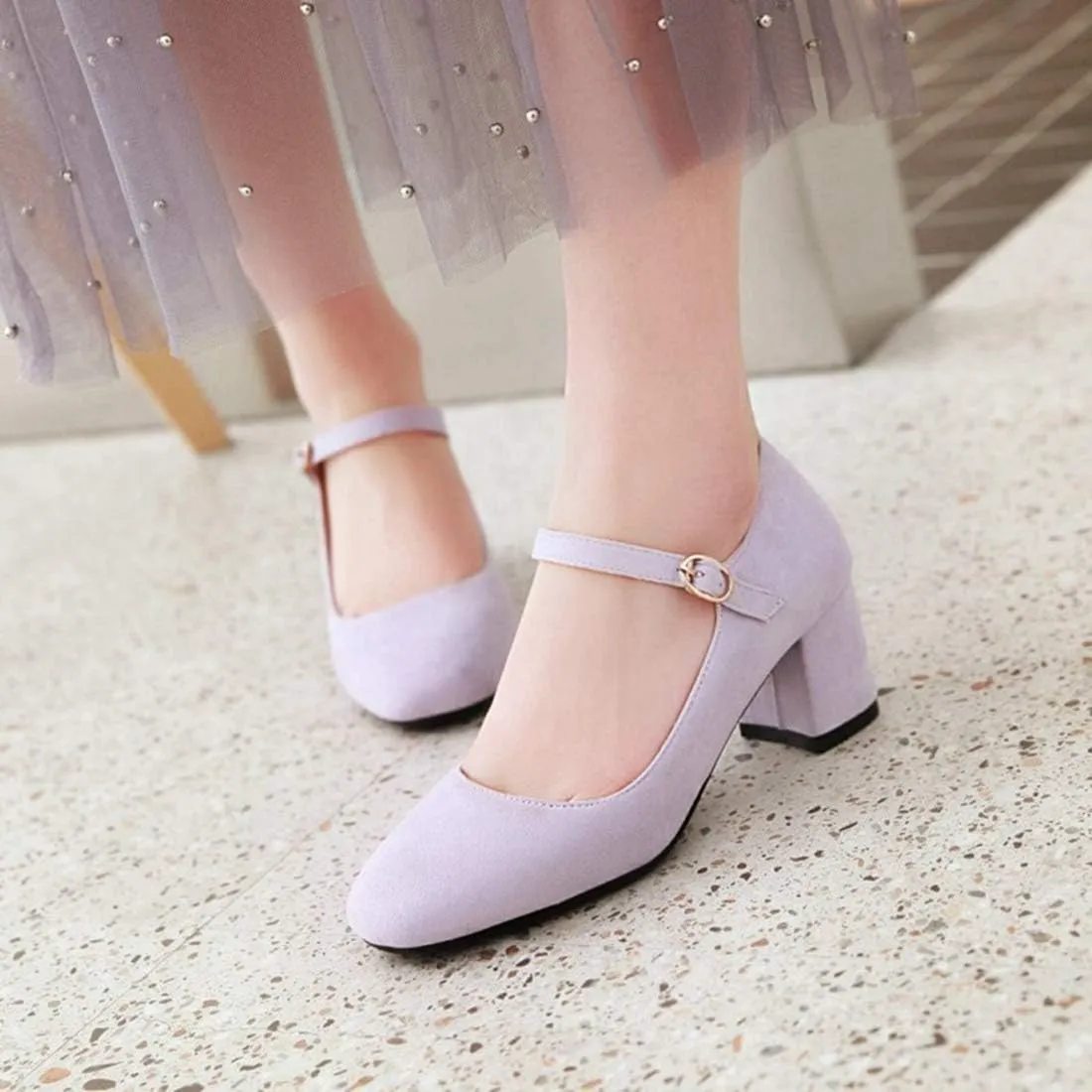 VOKLIN Women's Square Toe Mary Jane Pumps Suede Buckle Strap Slip On Chunky Block Mid Heel Retro Dress Shoes
