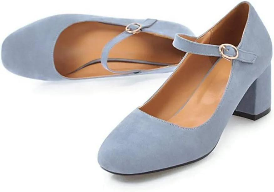 VOKLIN Women's Square Toe Mary Jane Pumps Suede Buckle Strap Slip On Chunky Block Mid Heel Retro Dress Shoes
