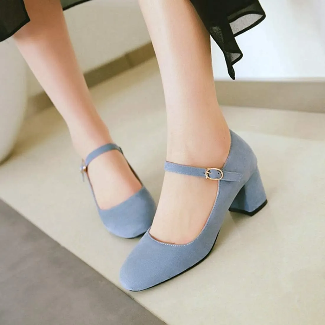 VOKLIN Women's Square Toe Mary Jane Pumps Suede Buckle Strap Slip On Chunky Block Mid Heel Retro Dress Shoes