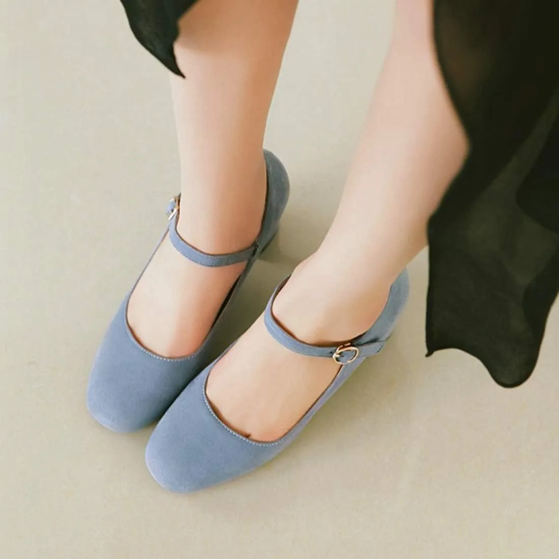 VOKLIN Women's Square Toe Mary Jane Pumps Suede Buckle Strap Slip On Chunky Block Mid Heel Retro Dress Shoes