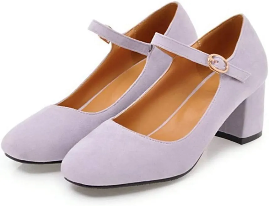 VOKLIN Women's Square Toe Mary Jane Pumps Suede Buckle Strap Slip On Chunky Block Mid Heel Retro Dress Shoes