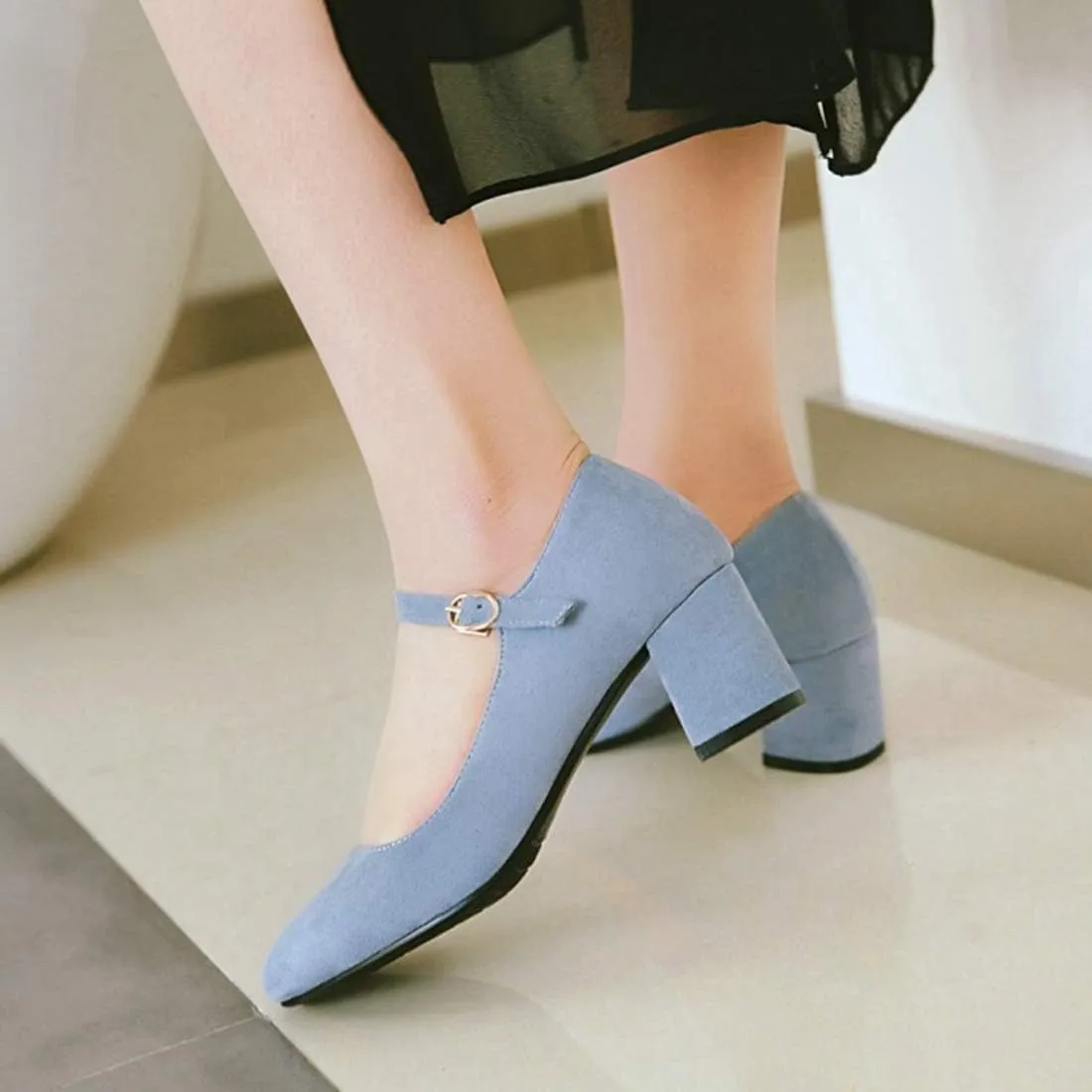 VOKLIN Women's Square Toe Mary Jane Pumps Suede Buckle Strap Slip On Chunky Block Mid Heel Retro Dress Shoes