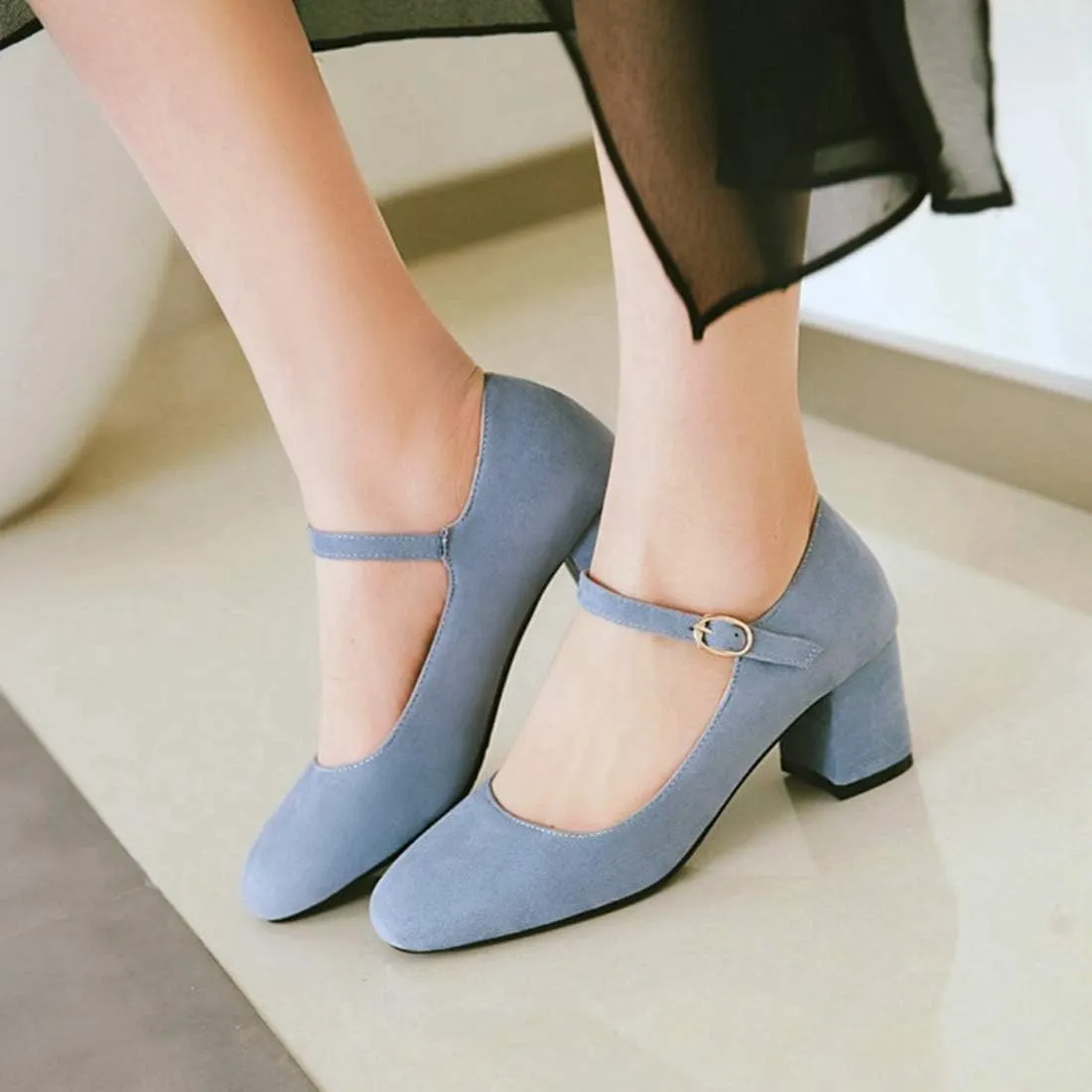 VOKLIN Women's Square Toe Mary Jane Pumps Suede Buckle Strap Slip On Chunky Block Mid Heel Retro Dress Shoes