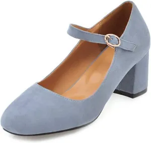 VOKLIN Women's Square Toe Mary Jane Pumps Suede Buckle Strap Slip On Chunky Block Mid Heel Retro Dress Shoes