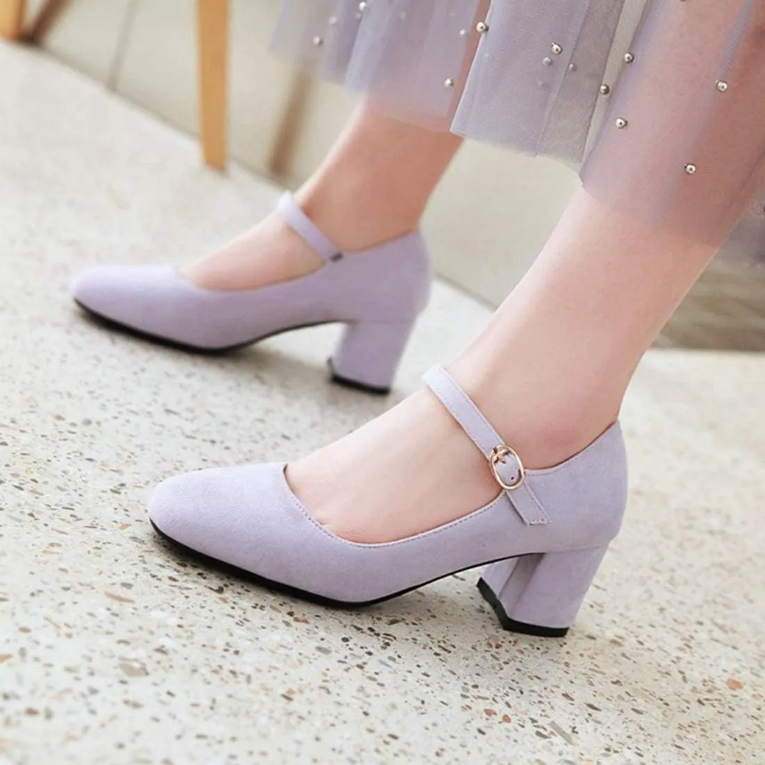 VOKLIN Women's Square Toe Mary Jane Pumps Suede Buckle Strap Slip On Chunky Block Mid Heel Retro Dress Shoes