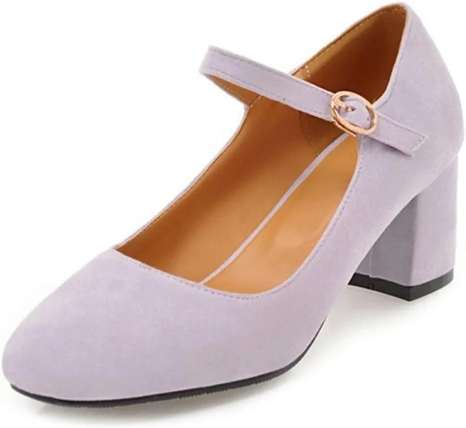 VOKLIN Women's Square Toe Mary Jane Pumps Suede Buckle Strap Slip On Chunky Block Mid Heel Retro Dress Shoes