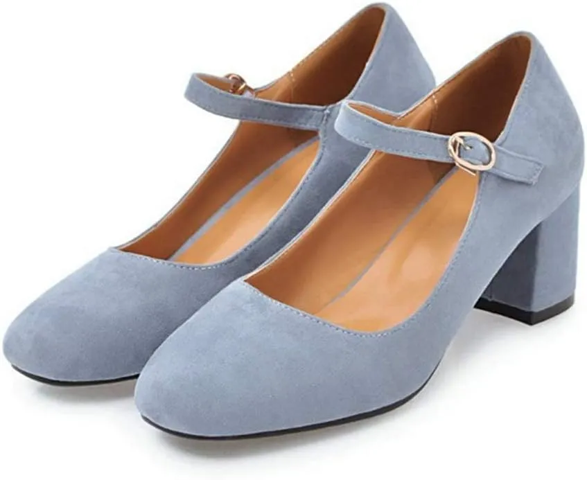 VOKLIN Women's Square Toe Mary Jane Pumps Suede Buckle Strap Slip On Chunky Block Mid Heel Retro Dress Shoes