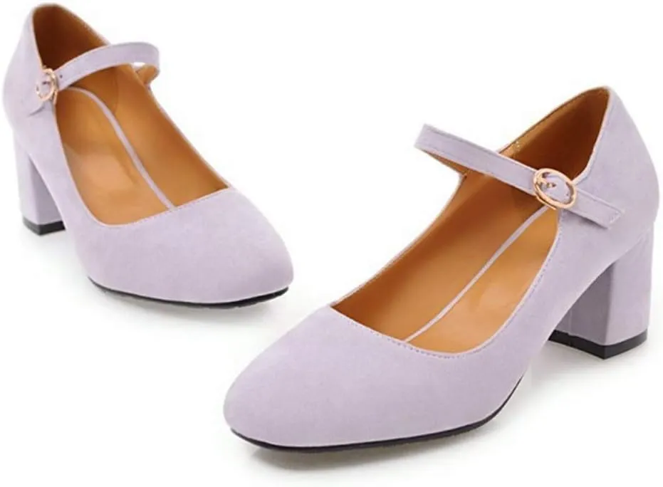 VOKLIN Women's Square Toe Mary Jane Pumps Suede Buckle Strap Slip On Chunky Block Mid Heel Retro Dress Shoes
