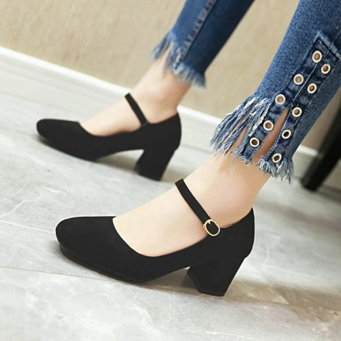 VOKLIN Women's Square Toe Mary Jane Pumps Suede Buckle Strap Slip On Chunky Block Mid Heel Retro Dress Shoes