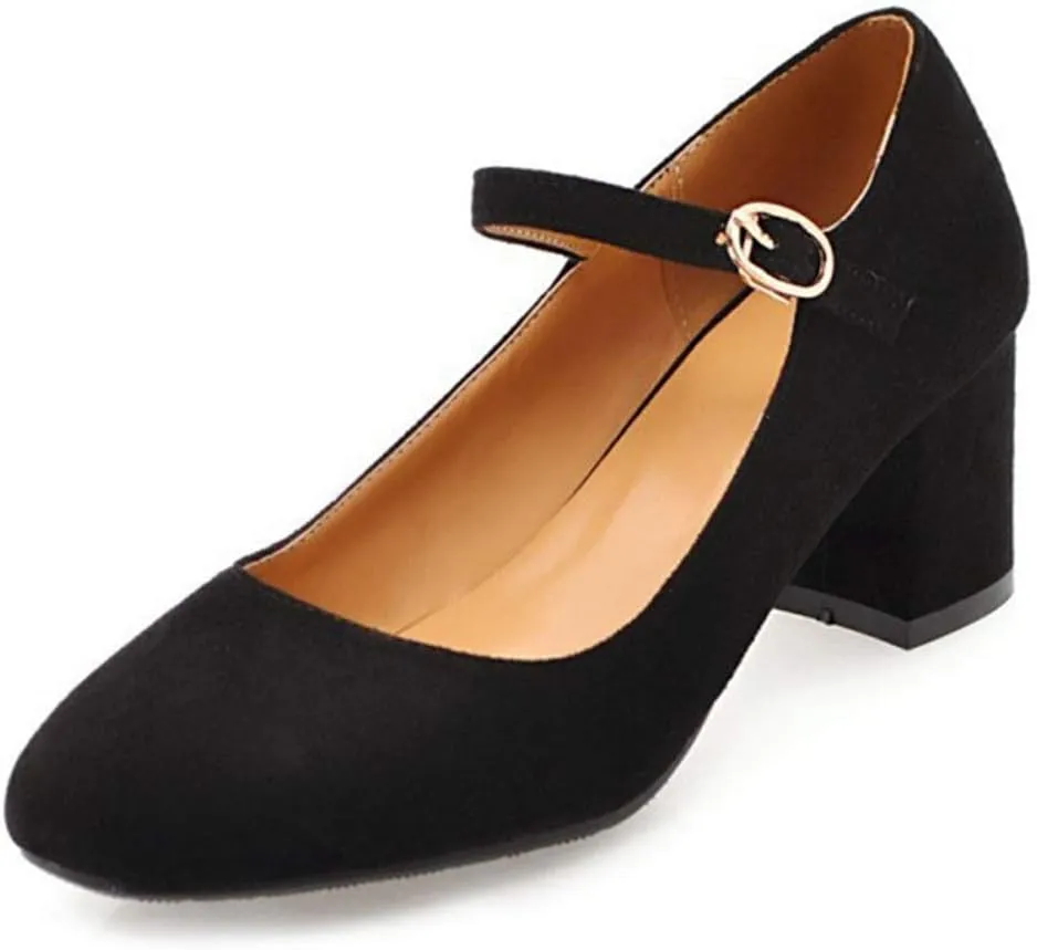 VOKLIN Women's Square Toe Mary Jane Pumps Suede Buckle Strap Slip On Chunky Block Mid Heel Retro Dress Shoes