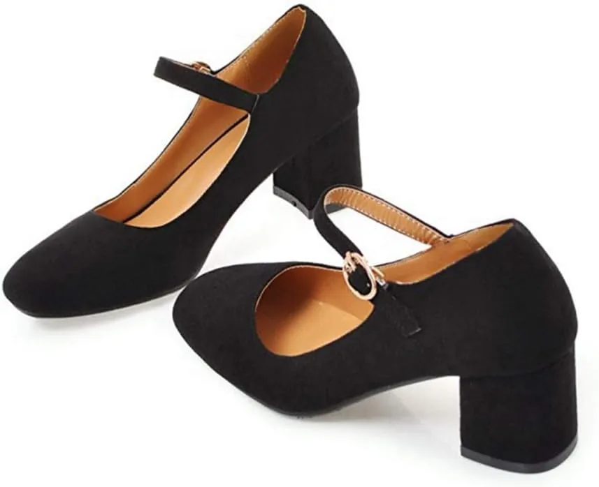 VOKLIN Women's Square Toe Mary Jane Pumps Suede Buckle Strap Slip On Chunky Block Mid Heel Retro Dress Shoes