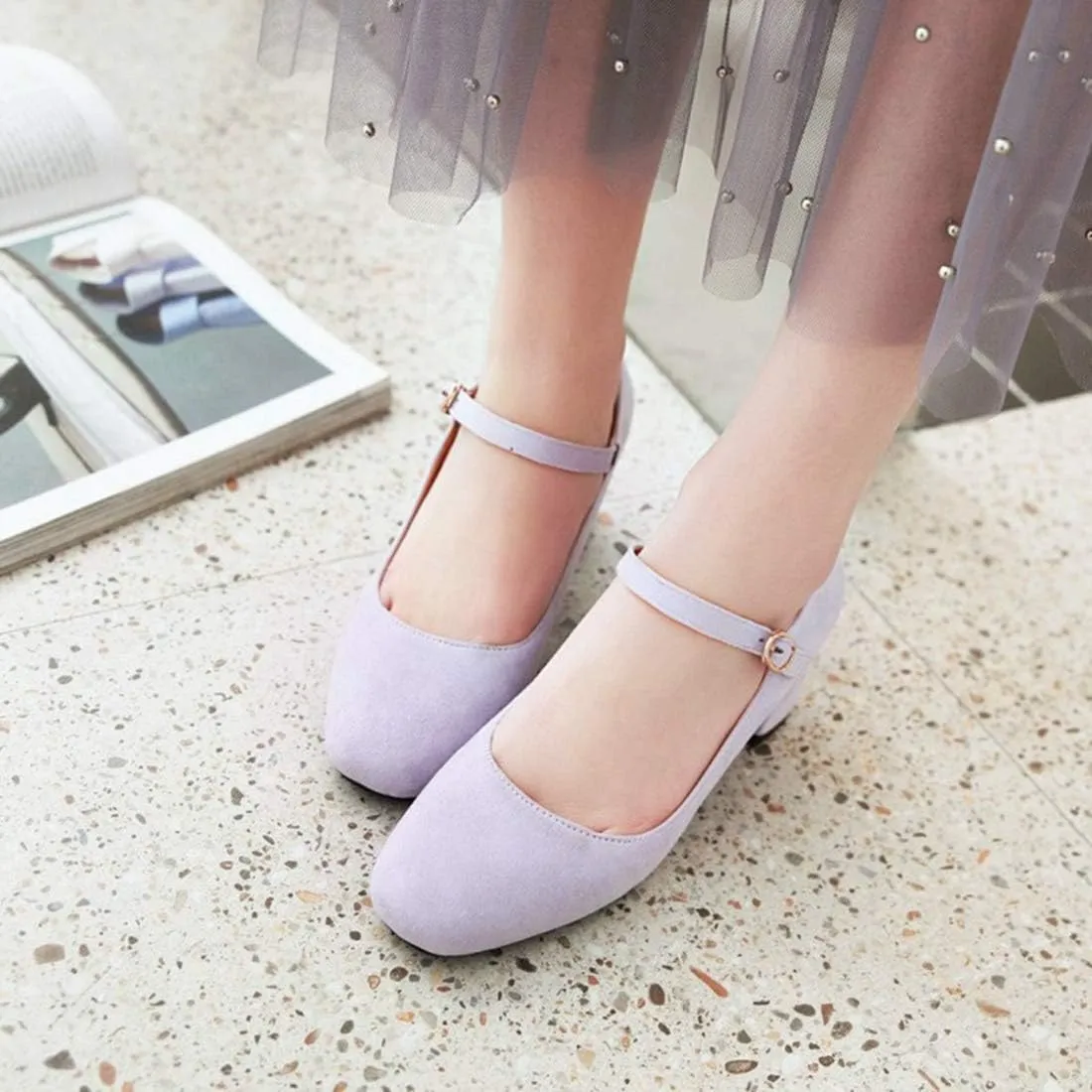 VOKLIN Women's Square Toe Mary Jane Pumps Suede Buckle Strap Slip On Chunky Block Mid Heel Retro Dress Shoes
