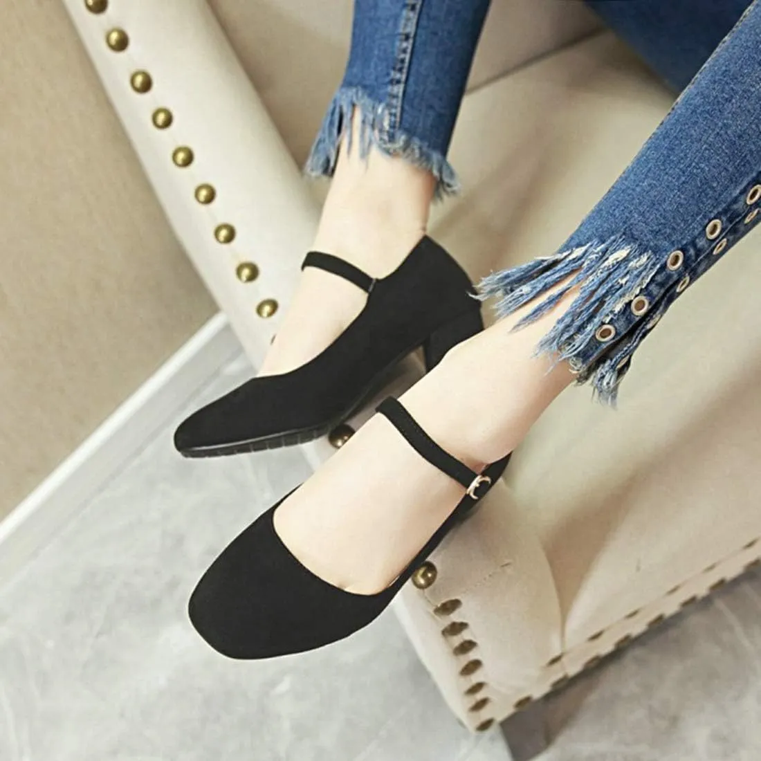VOKLIN Women's Square Toe Mary Jane Pumps Suede Buckle Strap Slip On Chunky Block Mid Heel Retro Dress Shoes