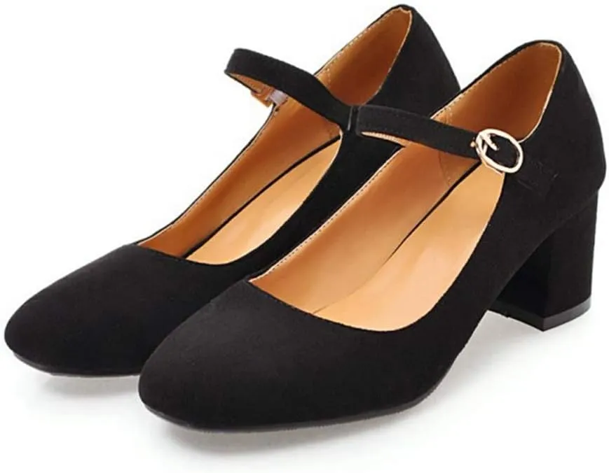 VOKLIN Women's Square Toe Mary Jane Pumps Suede Buckle Strap Slip On Chunky Block Mid Heel Retro Dress Shoes