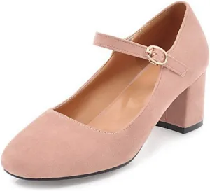 VOKLIN Women's Square Toe Mary Jane Pumps Suede Buckle Strap Slip On Chunky Block Mid Heel Retro Dress Shoes