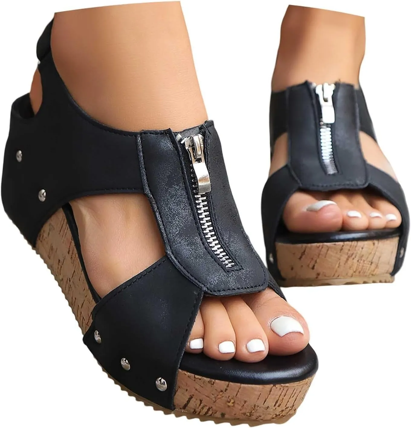Wedge Sandals for Women 2025 Wide Width Platform Wedge Sandals Open Toe Buckle Ankle Strap Slingback Sandal, Arch Support Platform Comfort Wear Shoes with Zipper Casual Walking Shoes