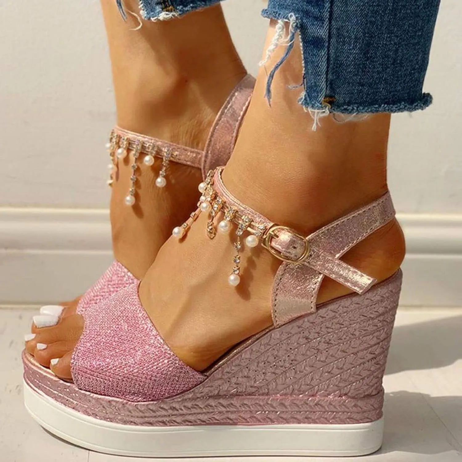 Wedge Sandals for Women Glitter Heel Sandals Rhinestone Crystal Slide Wedge Platform Sandal Open Toe Wide Orthopedic Wide Width Sandal 2025