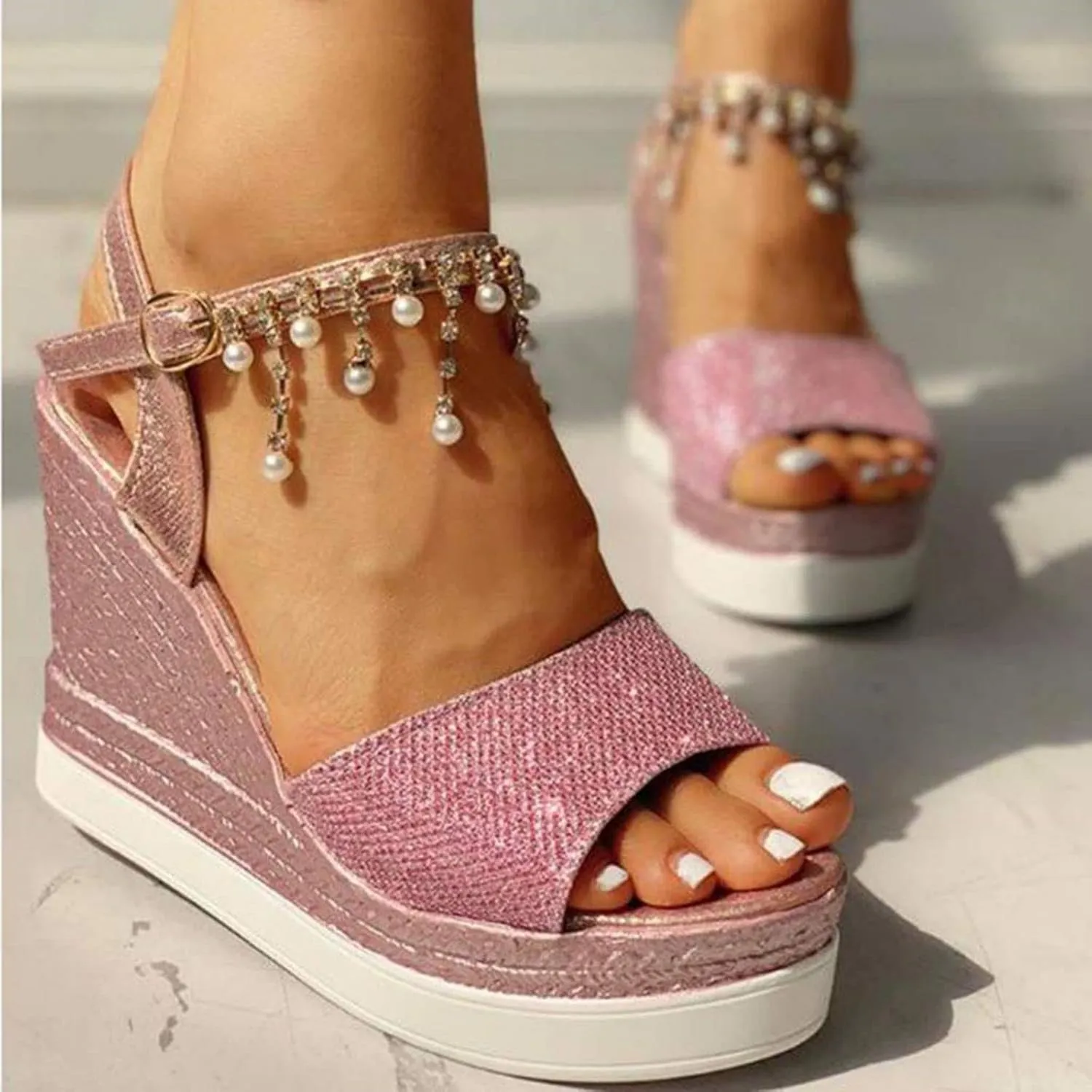 Wedge Sandals for Women Glitter Heel Sandals Rhinestone Crystal Slide Wedge Platform Sandal Open Toe Wide Orthopedic Wide Width Sandal 2025