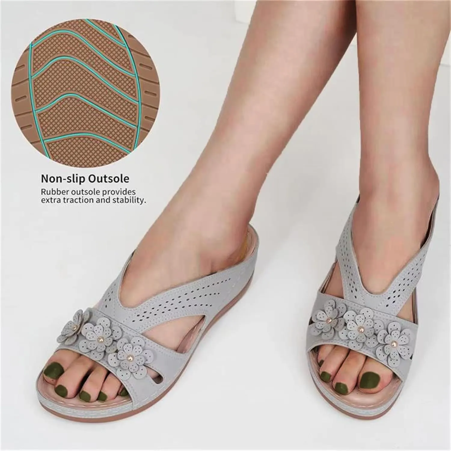 Wedge Sandals for Women Slip On Dressy Summer Comfortable Slides Sandals Orthopedic Open Toe Arch Support Slippers Lightweight Hollow Out Mules Walking Vacation Shoes
