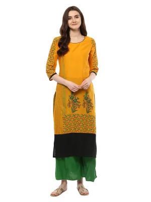 Women Mustard Ajrakh Hand Block Floral Printed Straight Cotton Kurta - Noor