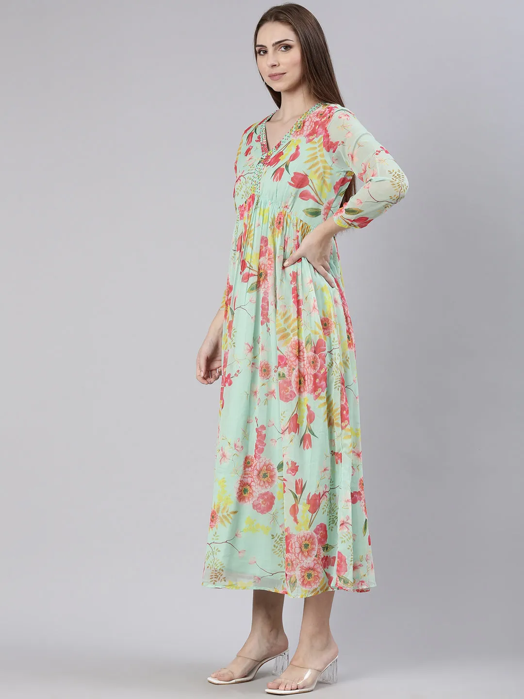 Women Sea Green Floral Empire Kurta