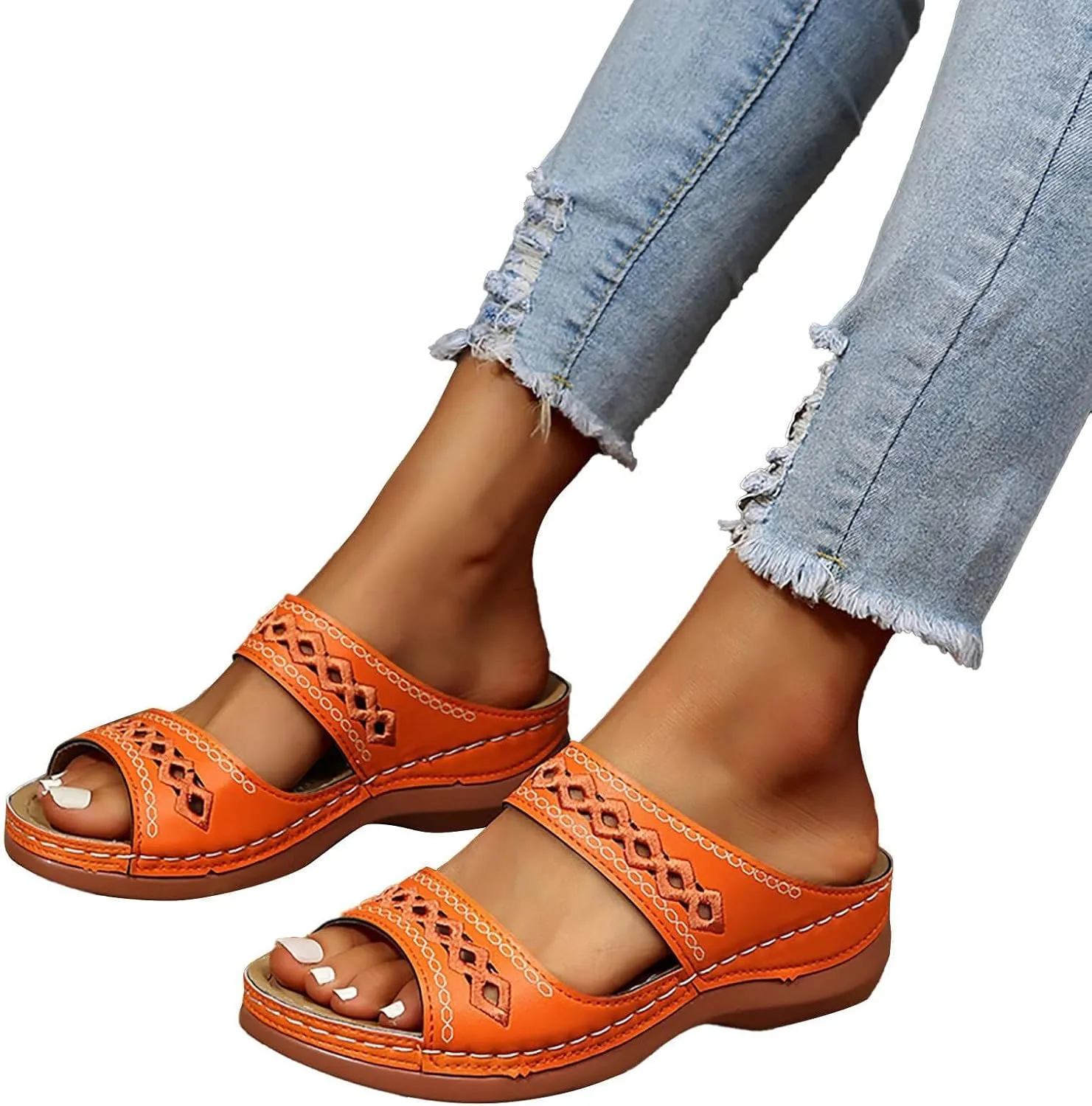 Women's Beige, Black, White Platform Wedge Sandals - Orthopedic Comfortable Arch Support - Slip On Dressy Summer Flip Flops - Casual Walking Wedges