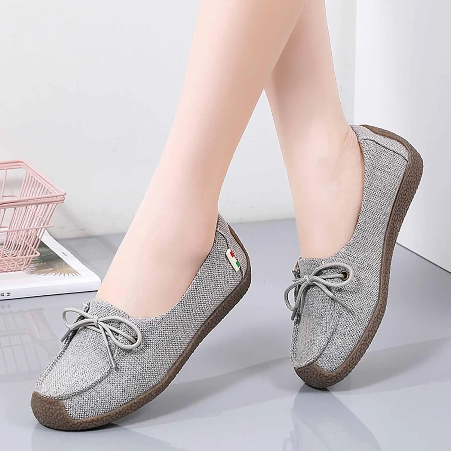 Women's Canvas Lace-up Casual Loafers,Lightweight Soft Sole Slip-on Moccasins Walking Boat Shoes,Comfortable Non-Slip Flat Fashion Sneakers