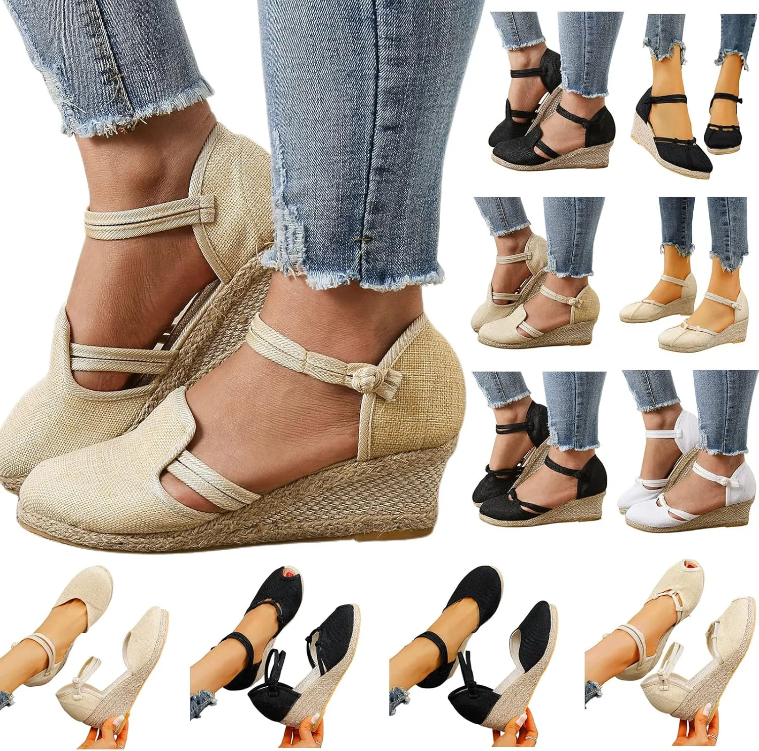 Womens Espadrilles Platform Wedge Sandals Summer Beach Shoes Ankle Strap Closed Toe Espadrille Wedge Sandal Casual Dressy Slingback Slip on Shoes