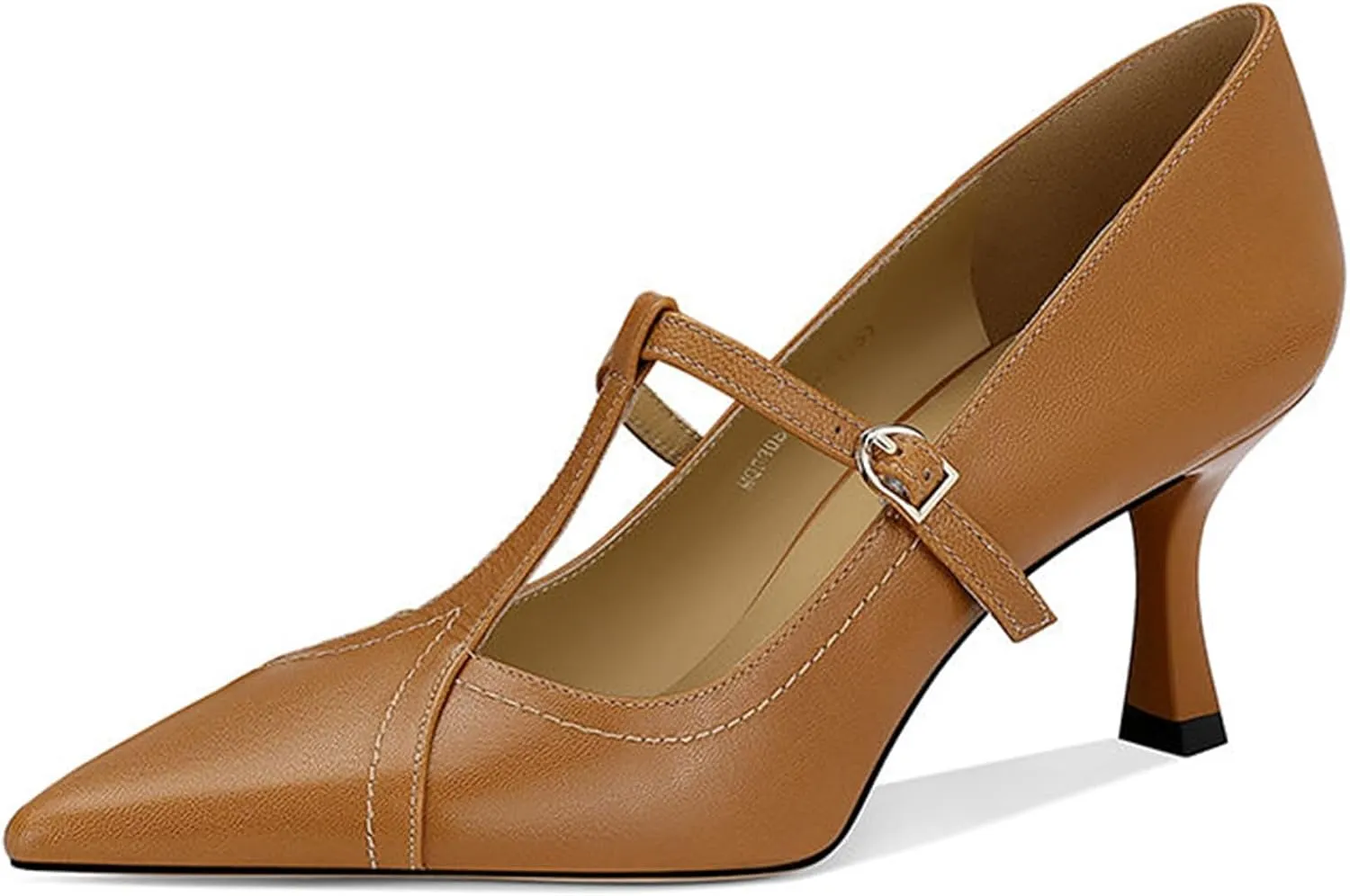 Women's Formal Leather Kitten Heel Pumps Elegant Pointed Toe Adjustable Ankle Strap T-Strap Stiletto Work Shoes for Weddings Dances Work