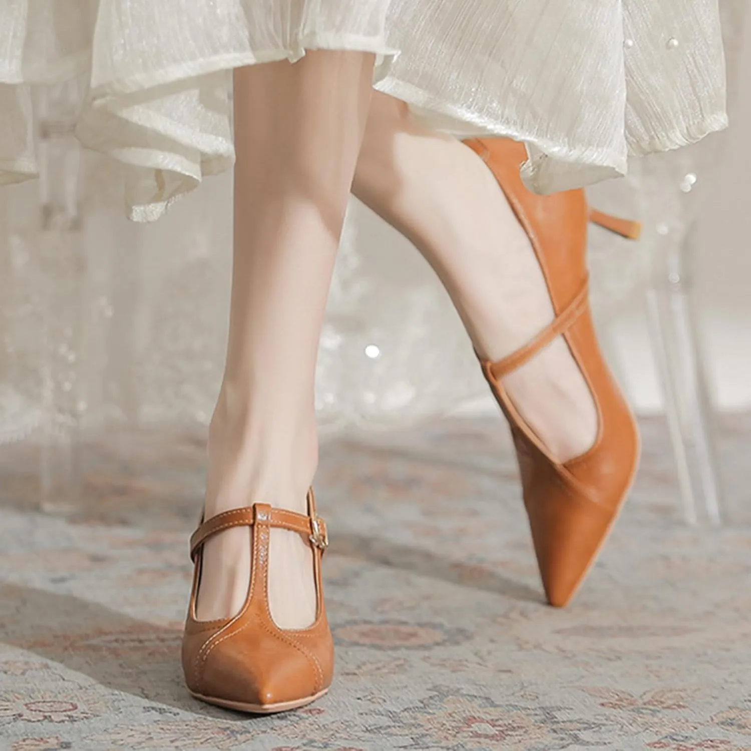 Women's Formal Leather Kitten Heel Pumps Elegant Pointed Toe Adjustable Ankle Strap T-Strap Stiletto Work Shoes for Weddings Dances Work