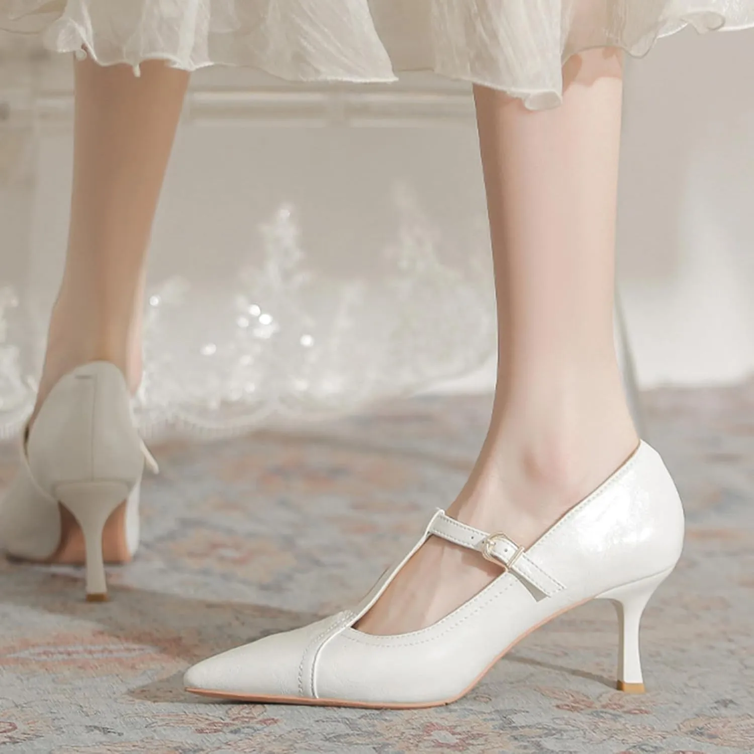 Women's Formal Leather Kitten Heel Pumps Elegant Pointed Toe Adjustable Ankle Strap T-Strap Stiletto Work Shoes for Weddings Dances Work