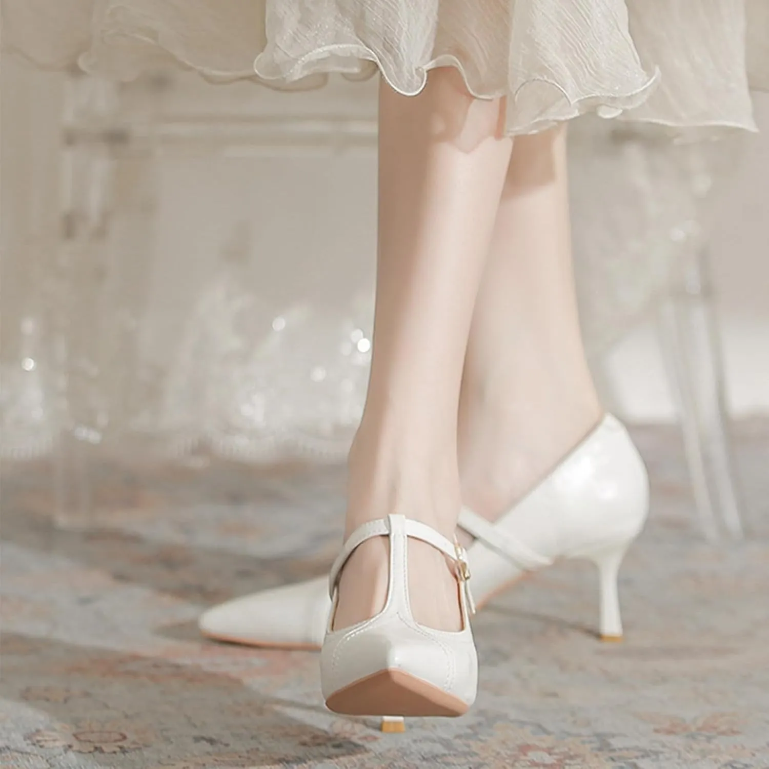 Women's Formal Leather Kitten Heel Pumps Elegant Pointed Toe Adjustable Ankle Strap T-Strap Stiletto Work Shoes for Weddings Dances Work