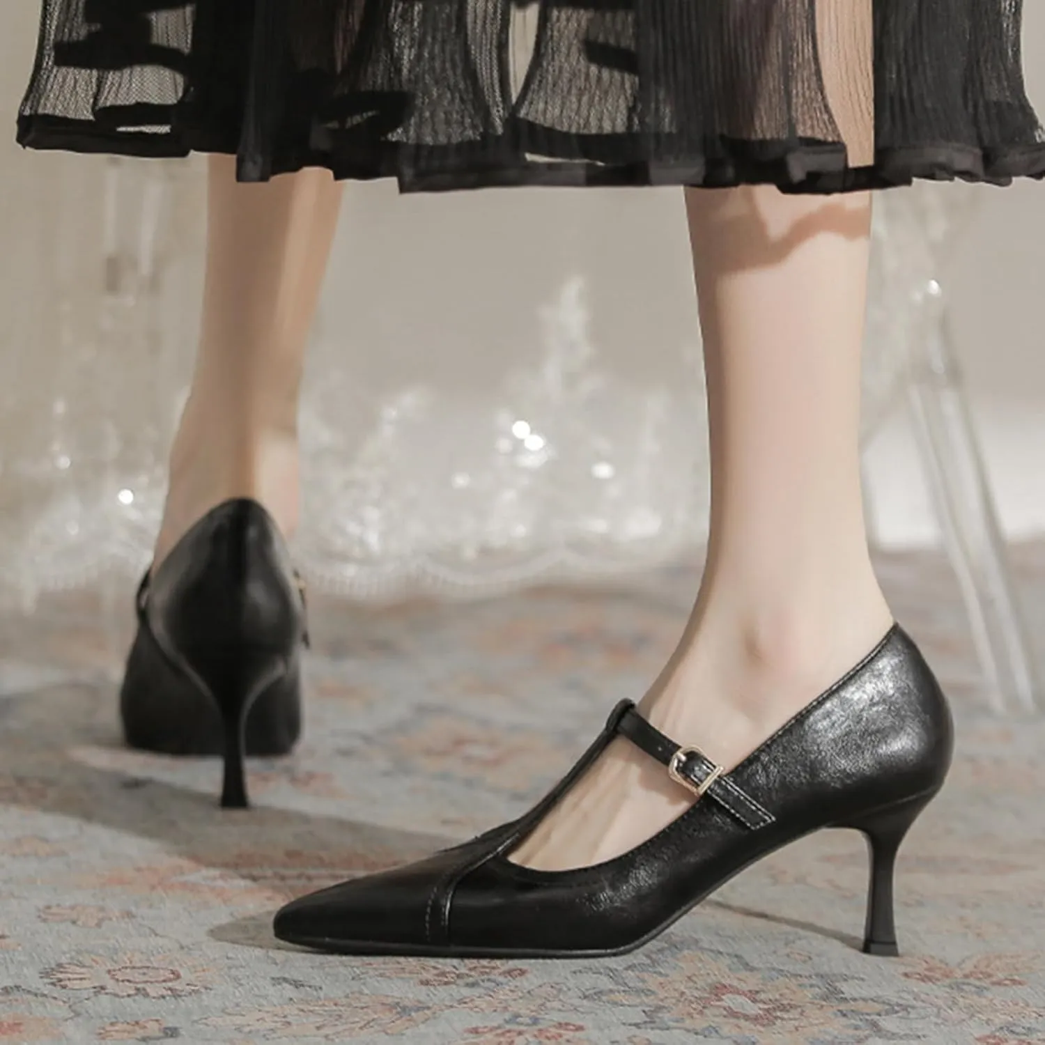 Women's Formal Leather Kitten Heel Pumps Elegant Pointed Toe Adjustable Ankle Strap T-Strap Stiletto Work Shoes for Weddings Dances Work