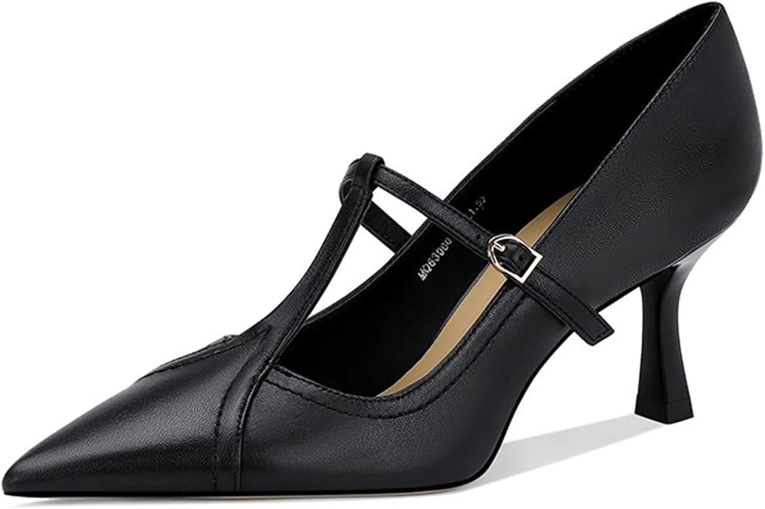 Women's Formal Leather Kitten Heel Pumps Elegant Pointed Toe Adjustable Ankle Strap T-Strap Stiletto Work Shoes for Weddings Dances Work