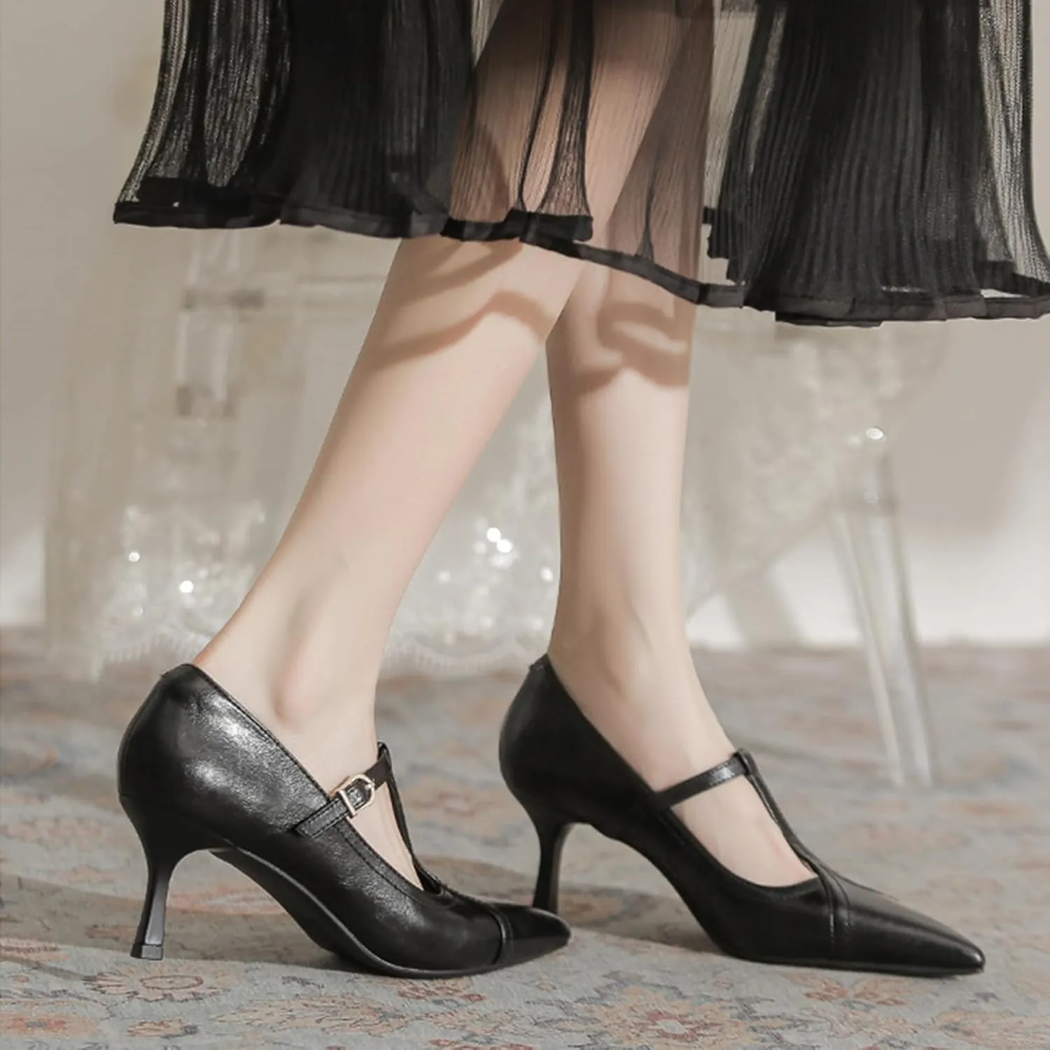 Women's Formal Leather Kitten Heel Pumps Elegant Pointed Toe Adjustable Ankle Strap T-Strap Stiletto Work Shoes for Weddings Dances Work