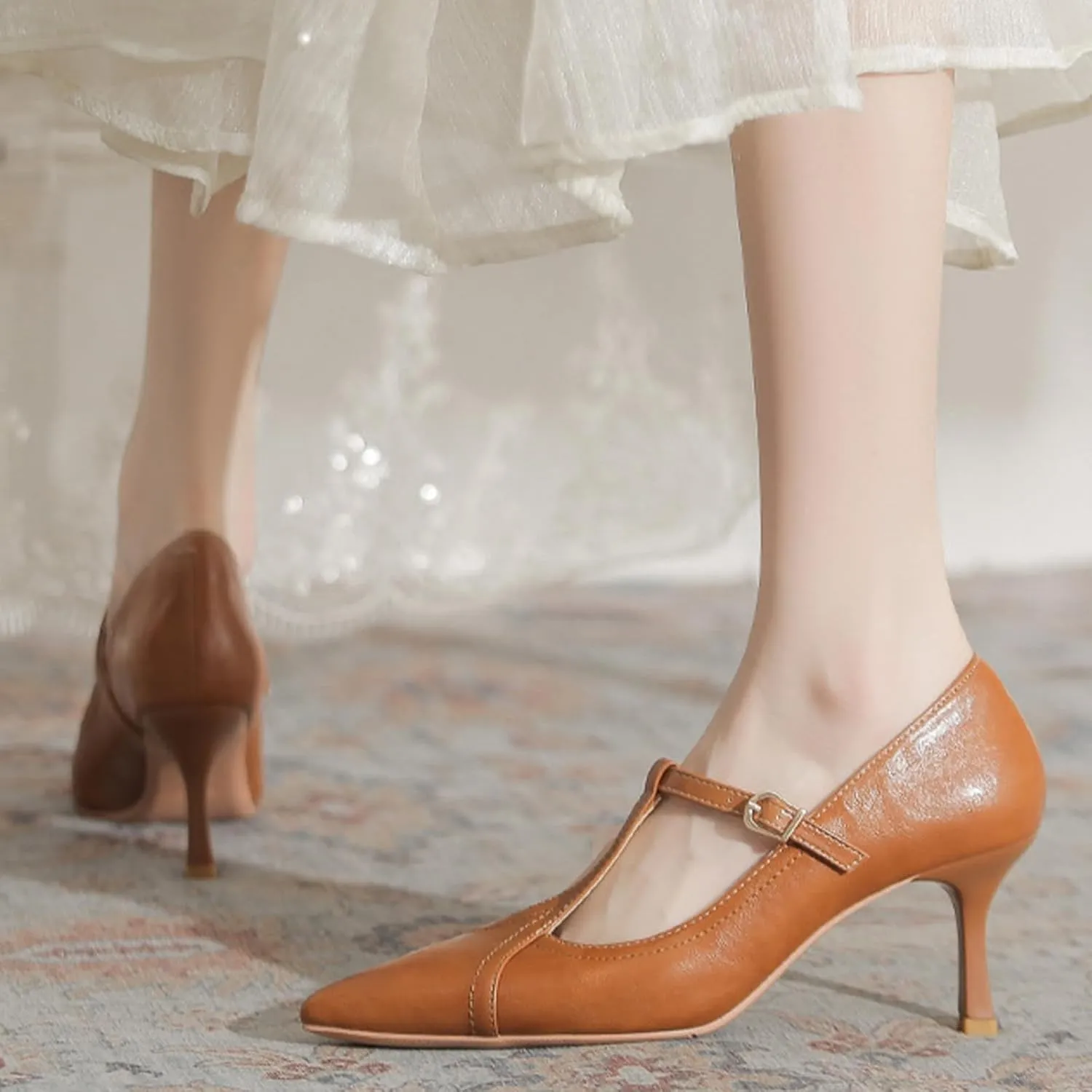 Women's Formal Leather Kitten Heel Pumps Elegant Pointed Toe Adjustable Ankle Strap T-Strap Stiletto Work Shoes for Weddings Dances Work