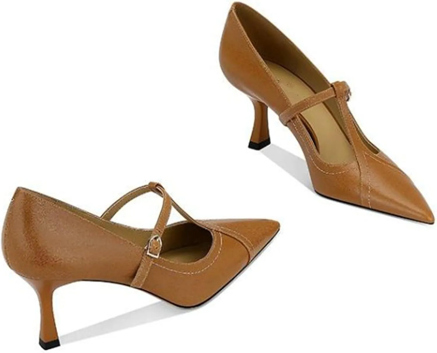 Women's Formal Leather Kitten Heel Pumps Elegant Pointed Toe Adjustable Ankle Strap T-Strap Stiletto Work Shoes for Weddings Dances Work