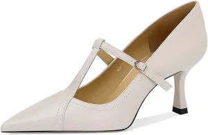 Women's Formal Leather Kitten Heel Pumps Elegant Pointed Toe Adjustable Ankle Strap T-Strap Stiletto Work Shoes for Weddings Dances Work