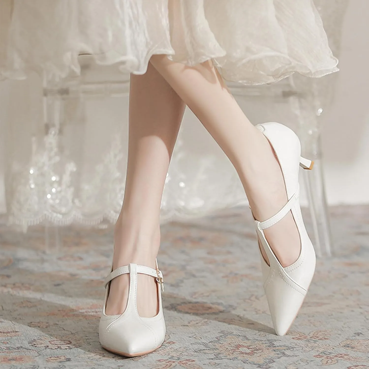 Women's Formal Leather Kitten Heel Pumps Elegant Pointed Toe Adjustable Ankle Strap T-Strap Stiletto Work Shoes for Weddings Dances Work