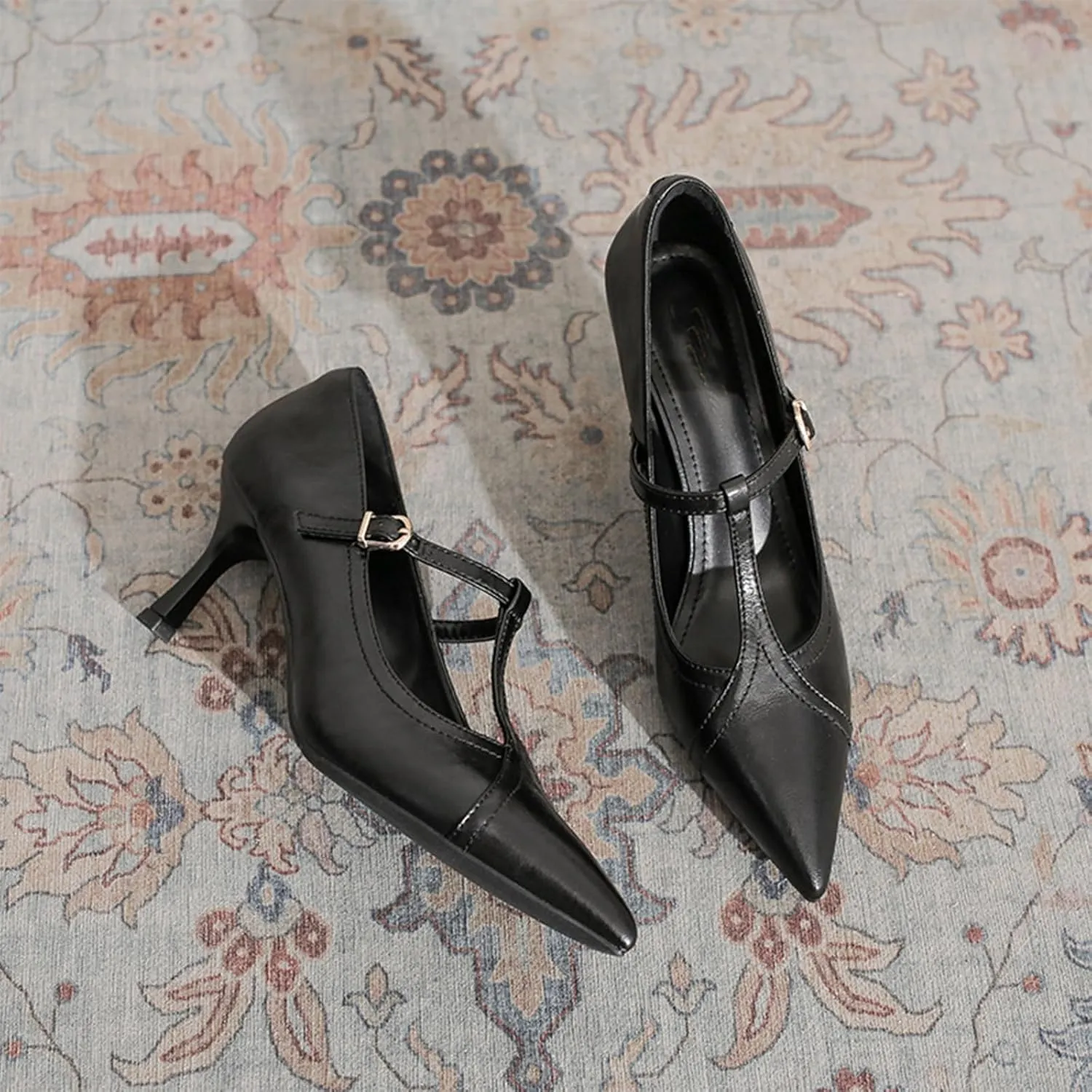 Women's Formal Leather Kitten Heel Pumps Elegant Pointed Toe Adjustable Ankle Strap T-Strap Stiletto Work Shoes for Weddings Dances Work