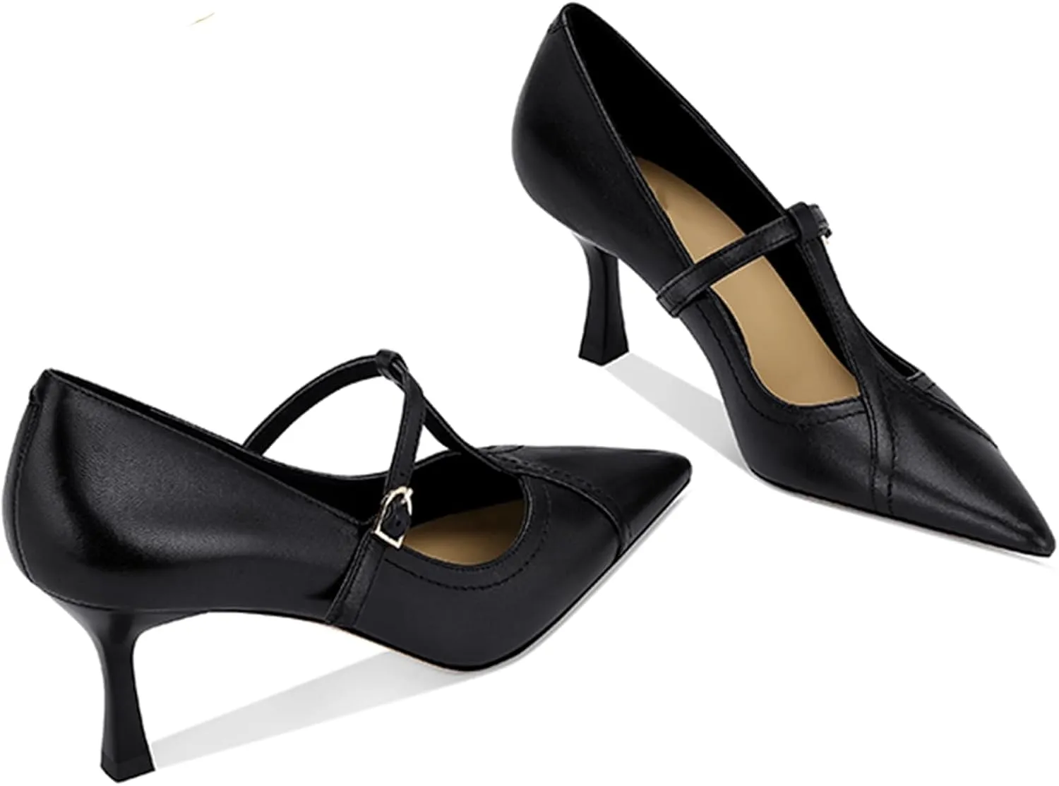 Women's Formal Leather Kitten Heel Pumps Elegant Pointed Toe Adjustable Ankle Strap T-Strap Stiletto Work Shoes for Weddings Dances Work