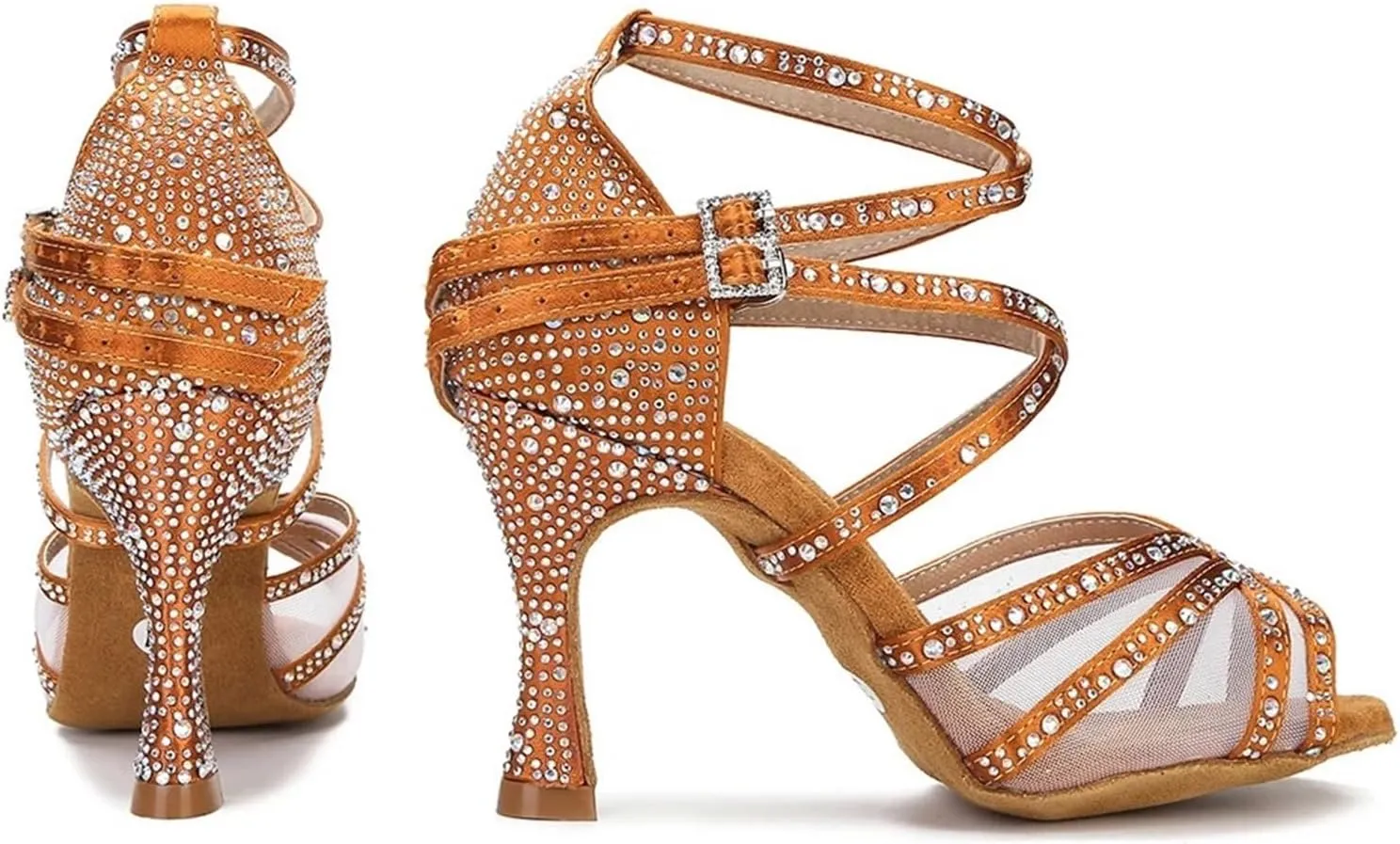 Women's Latin Dance Shoes Women Dance Shoes Mesh Latin Dance Shoes Ballroom Dance Sneakers Silk Satin Wedding Shoes(Brown 7.5cm Heel,8.5)