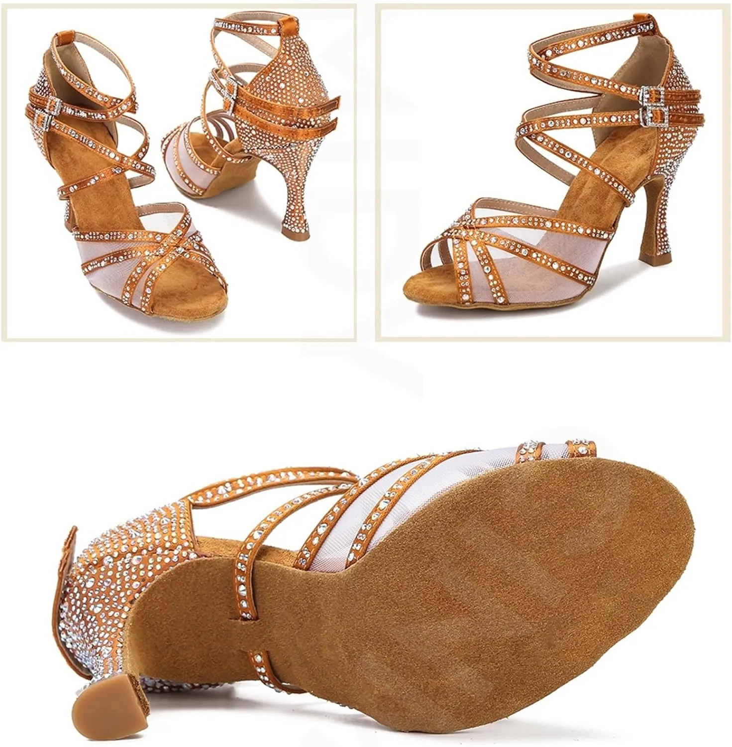 Women's Latin Dance Shoes Women Dance Shoes Mesh Latin Dance Shoes Ballroom Dance Sneakers Silk Satin Wedding Shoes(Brown 7.5cm Heel,8.5)