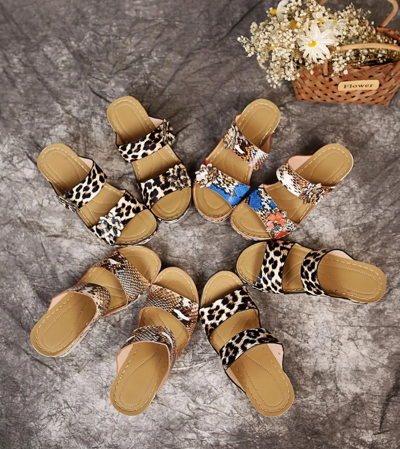 Womens Orthopedic Sandals with Arch Support Platform Open Toe Comfortable Casual Beach Slip on Walking Shoes Wedge Breathable Fashion Summer Outdoor Leopard Print Sandals