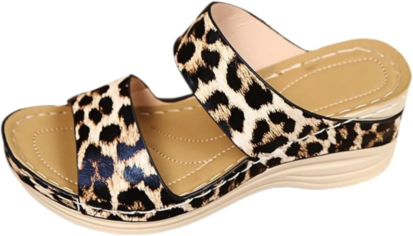 Womens Orthopedic Sandals with Arch Support Platform Open Toe Comfortable Casual Beach Slip on Walking Shoes Wedge Breathable Fashion Summer Outdoor Leopard Print Sandals