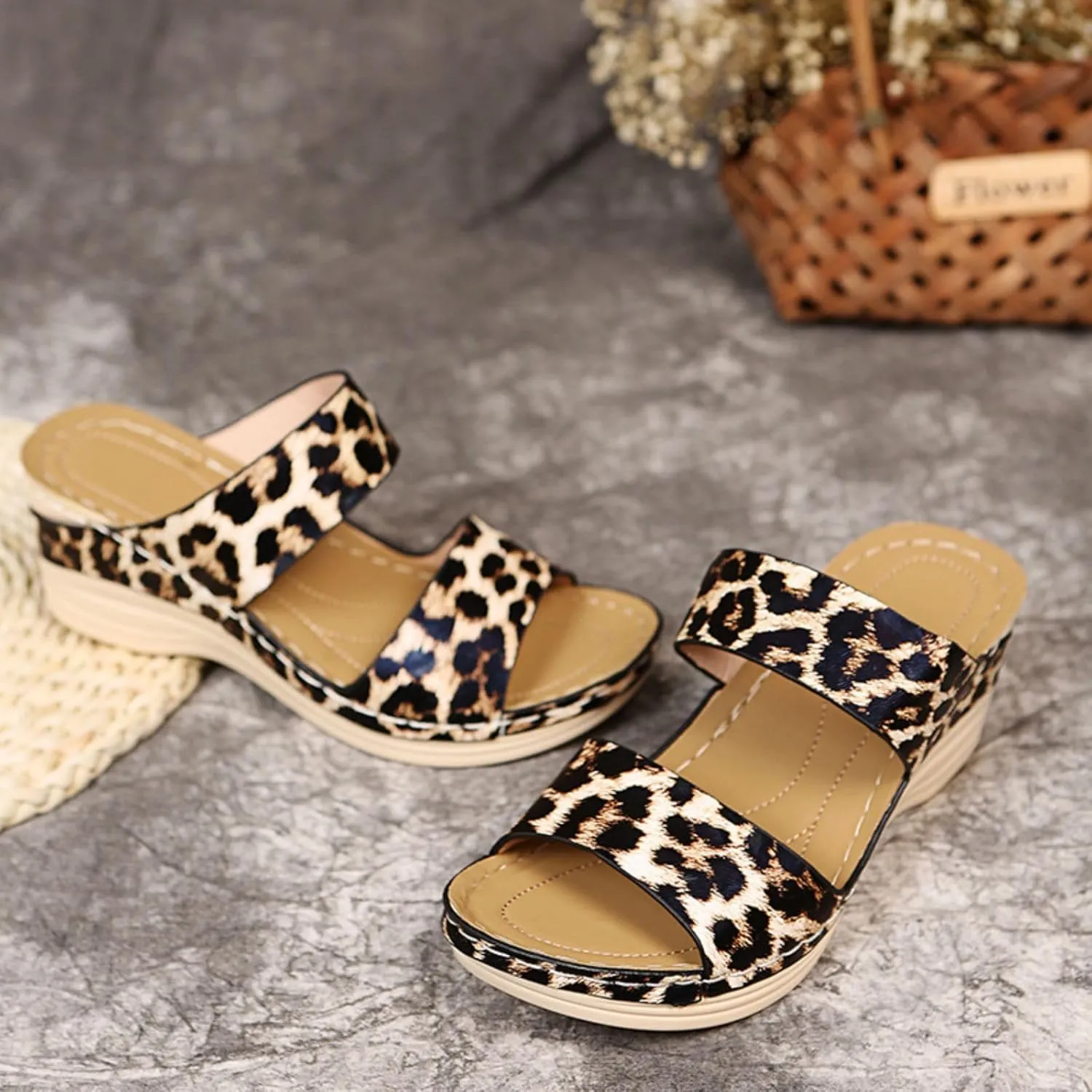Womens Orthopedic Sandals with Arch Support Platform Open Toe Comfortable Casual Beach Slip on Walking Shoes Wedge Breathable Fashion Summer Outdoor Leopard Print Sandals