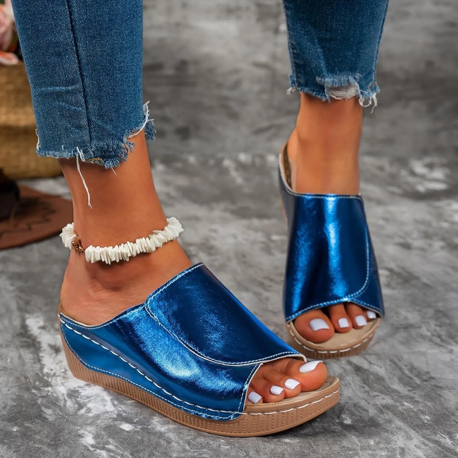 Women's Platform & Wedge Sandals Arch Support Orthopedic Sandals Slippers Summer Leather Slip on Platform Sandal Open Toe Wide Width Comfortable Slides Walking Slippers Shoes