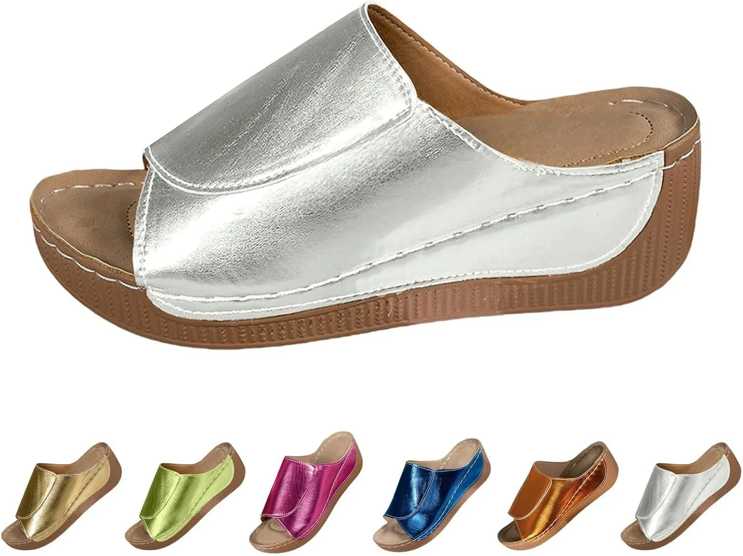 Women's Platform & Wedge Sandals Arch Support Orthopedic Sandals Slippers Summer Leather Slip on Platform Sandal Open Toe Wide Width Comfortable Slides Walking Slippers Shoes