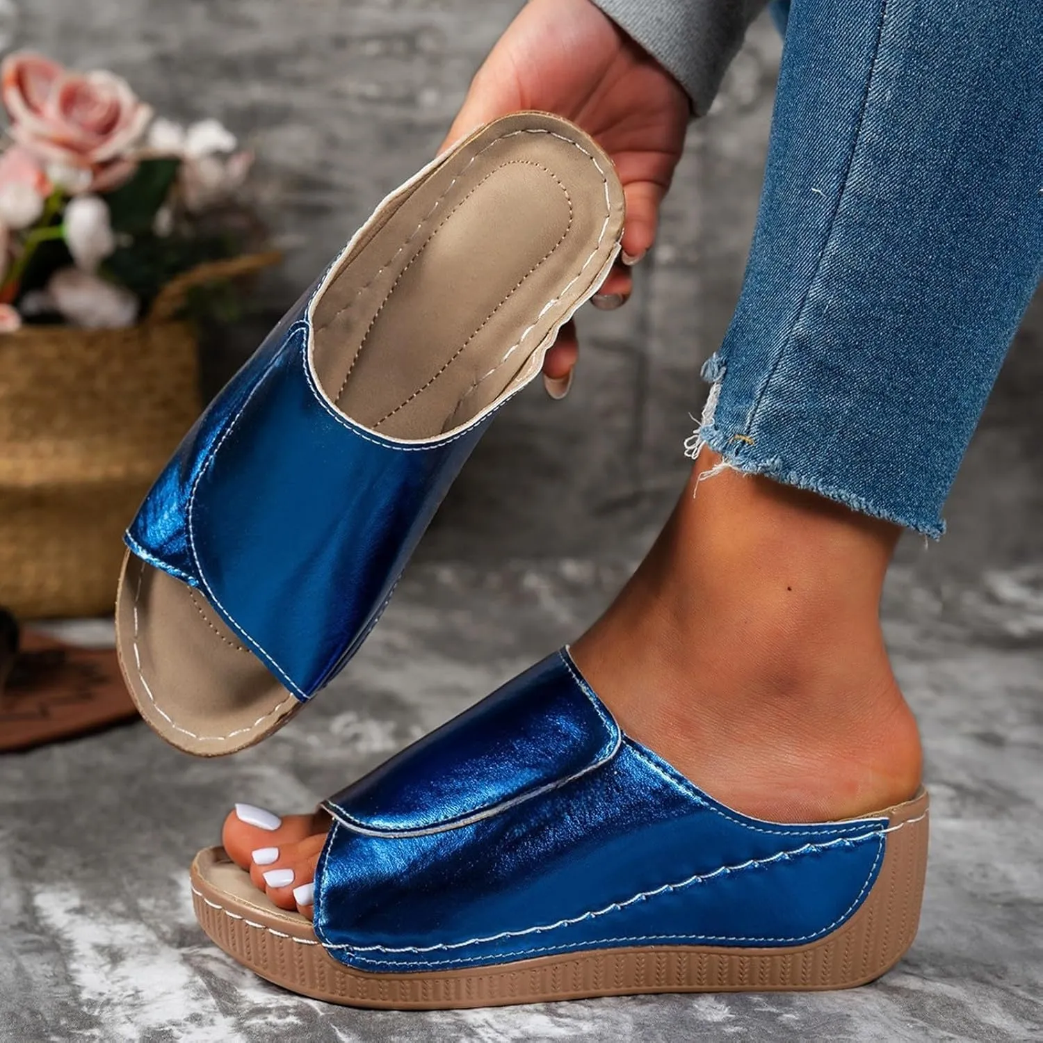 Women's Platform & Wedge Sandals Arch Support Orthopedic Sandals Slippers Summer Leather Slip on Platform Sandal Open Toe Wide Width Comfortable Slides Walking Slippers Shoes