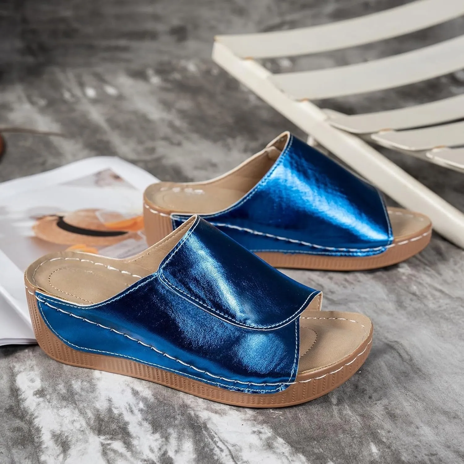 Women's Platform & Wedge Sandals Arch Support Orthopedic Sandals Slippers Summer Leather Slip on Platform Sandal Open Toe Wide Width Comfortable Slides Walking Slippers Shoes